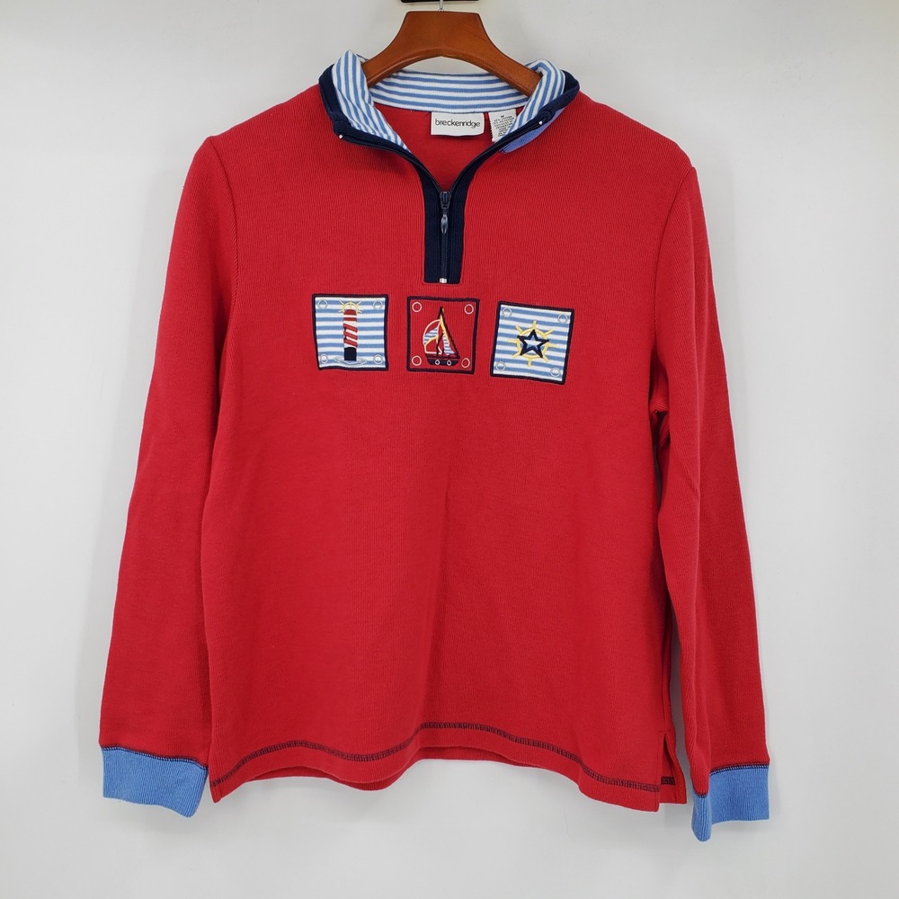 Vintage Breckenridge Red Nautical Quarter Zip Pullover Sweatshirt M Lighthouse